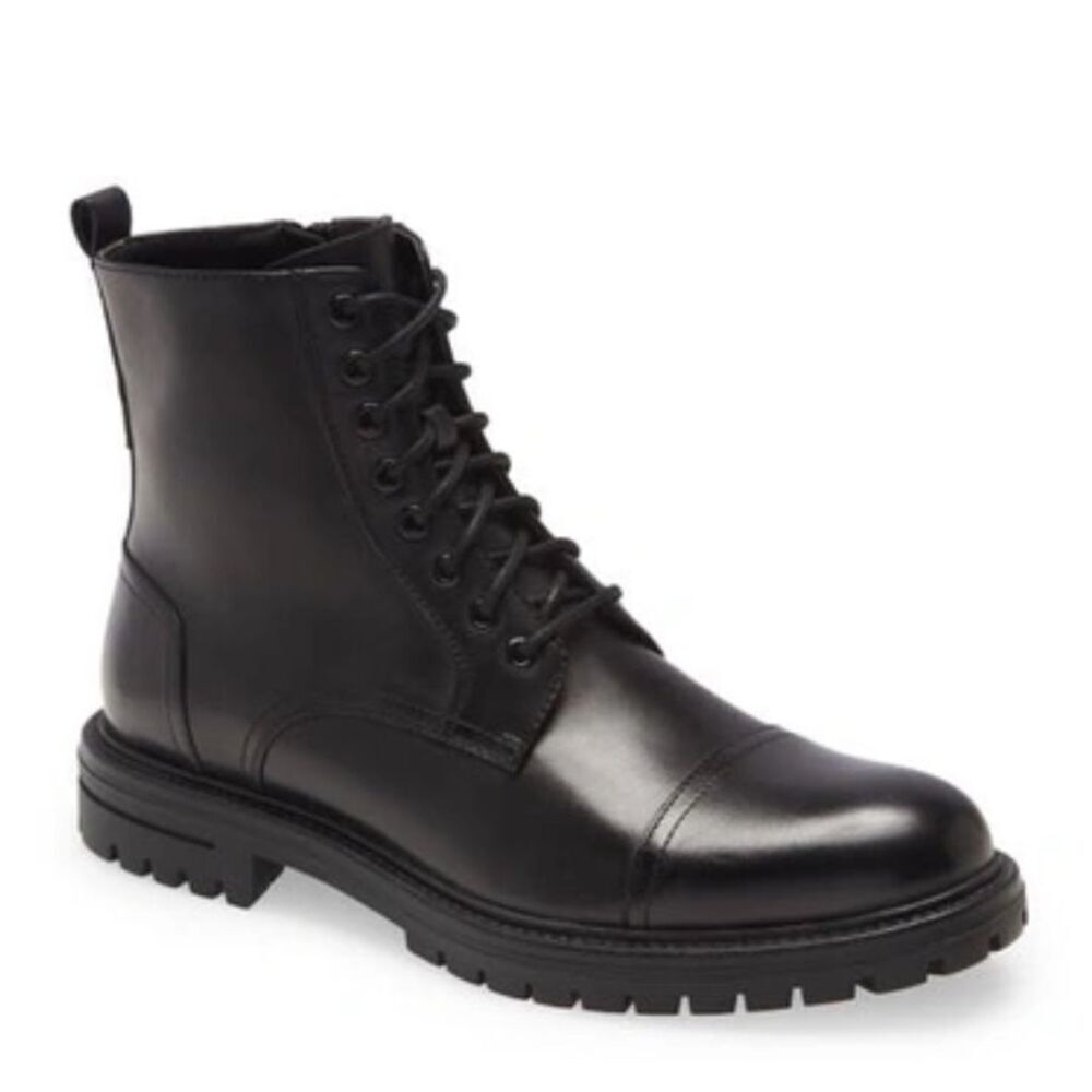 BP Lace‎ Up Boots Size 9.5 Black Leather Block Heel Rubber Sole NEW